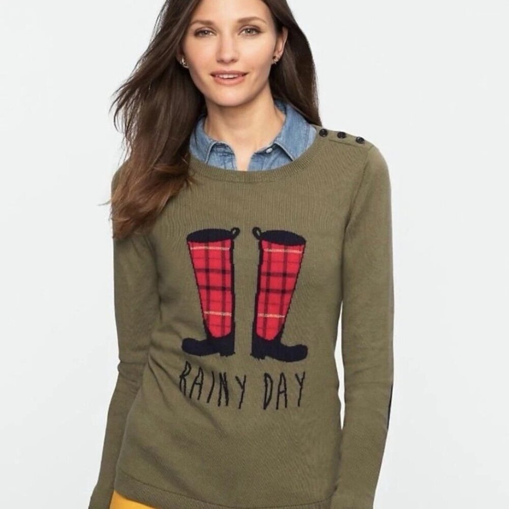 Talbots Womens Size XS Rainy Day Boots Sweater with Elbow Patches in Green 2471